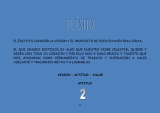 30
EL ÉXITO ES CONOCER LA VISION Y EL PROPOSITO DE DIOS EN NUESTRAS VIDAS.
EL QUE SEAMOS EXITOSOS ES ALGO QUE NUESTRO PADRE CELESTIAL QUIERE Y
DESEA CON TODO SU CORAZON Y POR ELLO NOS A DADO GRACIA Y TALENTO QUE
NOS AYUDARAN COMO HERRAMIENTA DE TRABAJO Y SUPERACION A SALIR
ADELANTE Y TRAZARNOS METAS Y A LOGRARLAS.
VISION – ACTITUD – VALOR
APTITUD
 