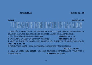 49
CONSOLIDAR HECHOS 32.-35
GANAR HECHOS 5.42
1. ORACIÓN – SALMO 5.1-3 SE INVOLUCRA TODO LO QUE TENGA QUE VER CON LA
ORACIÓN Y AYUNO, BUSCA DE DIOS A DIARIO, ALABA Y ES AGRADECIDO.
2. FE – ESTA PERCIBIDO EN LA PALABRA HEBREOS 11.1.-6
3. LA PALABRA LA LEE Y LA ESTUDIA A DIARIO TIMOTEO 3.16-17
4. CREE AL ESPIRITU SANTO LOS FRUTOS DEL ESPÍRITU SE MUESTRAN EN EL
GALATAS 5.22.-23
5. PROYECTA EL AMOR – CON SU FAMILIA, LA IGLESIA Y EN SU CÉLULA.
MATEO22.36-40
6. AMA LA OBRA DEL SEÑOR USA SUS RECURSOS ESPIRITUALES, TALENTOS Y
FINANCIEROS ROMANOS 12.10-13
 