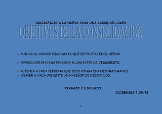 57
SOLIDIFICAR A LA NUEVA VIDA UNA LABOR DEL LIDER
o CUIDAR AL CONVERTIDO HASTA QUE DE FRUTOS EN EL SEÑOR
o REPRODUCIR EN CADA PERSONA EL CARÁCTER DE JESUCRISTO
o RETENER A CADA PERSONA QUE DIOS PONGA EN NUESTRAS MANOS
o SHACER A CADA CREYENTE UN HACEDOR DE DISCIPULOS.
TRABAJO Y ESFUERZO
CLOSENSES 1.28-29
 