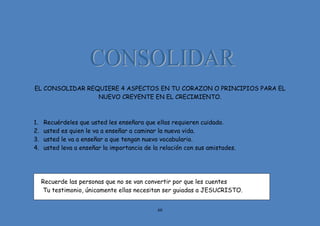 60
EL CONSOLIDAR REQUIERE 4 ASPECTOS EN TU CORAZON O PRINCIPIOS PARA EL
NUEVO CREYENTE EN EL CRECIMIENTO.
1. Recuérdeles que usted les enseñara que ellas requieren cuidado.
2. usted es quien le va a enseñar a caminar la nueva vida.
3. usted le va a enseñar a que tengan nuevo vocabulario.
4. usted leva a enseñar la importancia de la relación con sus amistades.
Recuerde las personas que no se van convertir por que les cuentes
Tu testimonio, únicamente ellas necesitan ser guiadas a JESUCRISTO.
 