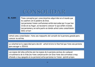 65
EL ALMA Tiene conceptos por conocimientos adquiridos en el mundo que
no cuadran con la palabra de Dios.
Las personas tienen confusiones están marcadas por lo que han
vivido en su hogar, es necesario conocer lo que están viviendo.
Las personas y en este punto es donde usted como consolidador
debe actuar.
La voluntad es la capacidad para decidir usted mirara la libertad que tiene esa persona
para escoger a JESUS.
Usted como consolidador, tiene una respuesta del corazón de la persona ganada para
conocer su estima
Los signos del alma enferma son los signos de la persona esclava de cualquier
circunstancia de la Vida (no tiene comunicación con Dios tiene dos extremos o muy
afanada o muy apagada en su persona) estas personas no tienen opinión propia.
 