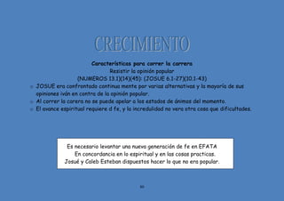 80
Características para correr la carrera
Resistir la opinión popular
(NUMEROS 13.1)(14)(45): (JOSUE 6.1-27)(10.1-43)
o JOSUE era confrontado continua mente por varias alternativas y la mayoría de sus
opiniones iván en contra de la opinión popular.
o Al correr la carera no se puede apelar a los estados de ánimos del momento.
o El avance espiritual requiere d fe, y la incredulidad no vera otra cosa que dificultades.
Es necesario levantar una nueva generación de fe en EFATA
En concordancia en lo espiritual y en las cosas practicas.
Josué y Caleb Esteban dispuestos hacer lo que no era popular.
 