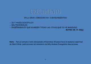 91
EN LA GRAN COMISION HAY 3 MANDAMIENTOS
o ID Y HACED DISCIPULOS
o BAUTIZANDOLOS
o ENSEÑANDOLES QUE GUARDEN TODAS LAS COSAS QUE OS HE MANDADO
MATEO 28.19-20(a)
Nota: Para el estudio d este discipulado utilizaremos 30 pasos hacia la madurez espiritual
de Word Wide publicaciones del ministerio de Billy Graham Evangelista Asociaciones.
 