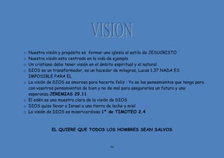 94
o Nuestra visión y propósito es formar una iglesia al estilo de JESUCRISTO
o Nuestra visión esta centrada en la vida de ejemplo
o Un cristiano debe tener visión en el ámbito espiritual y el natural
o DIOS es un transformador, es un hacedor de milagros, Lucas 1.37 NADA ES
IMPOSIBLE PARA EL
o La visión de DIOS es amorosa para hacerte feliz : Yo se los pensamientos que tengo para
con vosotros pensamientos de bien y no de mal para asegurarles un futuro y una
esperanza JEREMIAS 29.11
o El edén es una muestra clara de la visión de DIOS
o DIOS quiso llevar a Israel a una tierra de leche y miel
o La visión de DIOS es misericordiosa 1º de TIMOTEO 2.4
EL QUIERE QUE TODOS LOS HOMBRES SEAN SALVOS
 