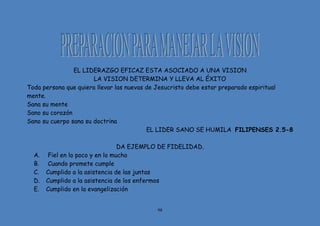 98
EL LIDERAZGO EFICAZ ESTA ASOCIADO A UNA VISION
LA VISION DETERMINA Y LLEVA AL ÉXITO
Toda persona que quiera llevar las nuevas de Jesucristo debe estar preparado espiritual
mente.
Sana su mente
Sano su corazón
Sano su cuerpo sana su doctrina
EL LIDER SANO SE HUMILA FILIPENSES 2.5-8
DA EJEMPLO DE FIDELIDAD.
A. Fiel en lo poco y en lo mucho
B. Cuando promete cumple
C. Cumplido a la asistencia de las juntas
D. Cumplido a la asistencia de los enfermos
E. Cumplido en la evangelización
 
