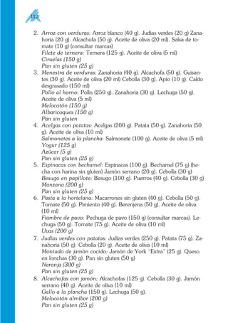 2. Arroz con verduras: Arroz blanco (40 g). Judías verdes (20 g) Zana-
horia (20 g). Alcachofa (50 g). Aceite de oliva (20 ml). Salsa de to-
mate (10 g) (consultar marcas)
Filete de ternera: Ternera (125 g). Aceite de oliva (5 ml)
Ciruelas (150 g)
Pan sin gluten (25 g)
3. Menestra de verduras: Zanahoria (40 g). Alcachofa (50 g). Guisan-
tes (30 g). Aceite de oliva (20 ml) Cebolla (30 g). Apio (10 g). Caldo
desgrasado (150 ml)
Pollo al horno: Pollo (250 g). Zanahoria (30 g). Lechuga (50 g).
Aceite de oliva (5 ml)
Melocotón (150 g)
Albaricoques (150 g)
Pan sin gluten
4. Acelgas con patatas: Acelgas (200 g). Patata (50 g). Zanahoria (50
g). Aceite de oliva (10 ml)
Salmonetes a la plancha: Salmonete (100 g). Aceite de oliva (5 ml)
Yogur (125 g)
Azúcar (5 g)
Pan sin gluten (25 g)
5. Espinacas con bechamel: Espinacas (100 g). Bechamel (75 g) (he-
cha con harina sin gluten) Jamón serrano (20 g). Cebolla (30 g)
Besugo en papillote: Besugo (100 g). Puerros (40 g). Cebolla (30 g)
Manzana (200 g)
Pan sin gluten (25 g)
6. Pasta a la hortelana: Macarrones sin gluten (40 g). Cebolla (50 g).
Tomate (50 g). Pimiento (40 g). Berenjena (50 g). Aceite de oliva
(10 ml)
Fiambre de pavo: Pechuga de pavo (150 g) (consultar marcas). Le-
chuga (50 g). Tomate (75 g). Aceite de oliva (10 ml)
Uvas (200 g)
7. Judías verdes con patatas: Judías verdes (250 g). Patata (75 g). Za-
nahoria (50 g). Cebolla (20 g). Aceite de oliva (10 ml)
Montado de jamón cocido: Jamón de York “Extra” (25 g). Queso
en lonchas (30 g). Pan sin gluten (50 g)
Naranja (300 g)
Pan sin gluten (25 g)
8. Alcachofas con jamón: Alcachofas (125 g). Cebolla (30 g). Jamón
serrano (40 g). Aceite de oliva (10 ml)
Gallo a la plancha (150 g). Lechuga (50 g).
Melocotón almíbar (200 g)
Pan sin gluten (25 g)
112
 