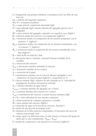 M A N U A L D E L C O N C R E T O E S T R U C T U R A L
L = longitud de una probeta cilíndrica o prismática (cm); luz libre de una
losa (m)
Ln = símbolo del logaritmo neperiano
M y N = constantes auxiliares
Nu = carga axial de compresión mayorada (kgf)
P = carga aplicada (kgf); tamaño máximo del agregado grueso (cm o
pulgadas)
PU = peso unitario del agregado, saturado con superficie seca (kfg/m3
)
R = resitencia media del concreto a la compresión (kgf/cm2
)
Rci = resistencia media a la compresión de un concreto preparado con el
cemento “i” (kgf/cm2
)
Rmi = resistencia media a la compresión de un mortero normalizado, con
el cemento “i” (kgf/cm2
)
Rmt = resistencia media a compresión de un mortero normalizado a los t
días (kgf/cm2
)
Rt = valor de R a la edad de t días
S = desviación típica o estándar, muestral (mismas unidades de la
variable)
Sc = retracción del concreto
SCon = desviación estándar atribuible al concreto
Se = desviación estándar de los ensayos
Sp = retracción de la pasta
T = asentamiento medido con el Cono de Abrams (pulgadas o cm);
resistencia a la tracción pura (kgf/cm2
); temperatura en °C
V = fuerza cortante (kgf); volumen de aire atrapado en %; velocidad de
propagación de pulsos ultrasónicos (cm/seg)
Va = volumen absoluto de agua (litros)
V(A+G) = volumen absoluto de agregado (m3
o litros)
VC = volumen absoluto del cemento (m3
o litros)
Vcon = contribución del concreto a resistir fuerzas cortantes (kgf)
X ó Xi = valor individual de una muestra cualquiera
X = media muestral de cualquier parámetro o variable
W = peso unitario del concreto (kgf/m3
)
a = contenido de agua en la mezcla de concreto, (litros/m3
)
b = ancho de una sección rectangular (cm)
d = distancia de la fibra extrema comprimida y el baricentro del acero de
refuerzo traccionado (cm)
d = rango; igual a la diferencia entre el valor mayor y el menor del grupo de
datos que se está considerando: (Xmáx – Xmin)
f = tensión de compresión o de tracción en el concreto (kgf/cm2
)
xxvi
 