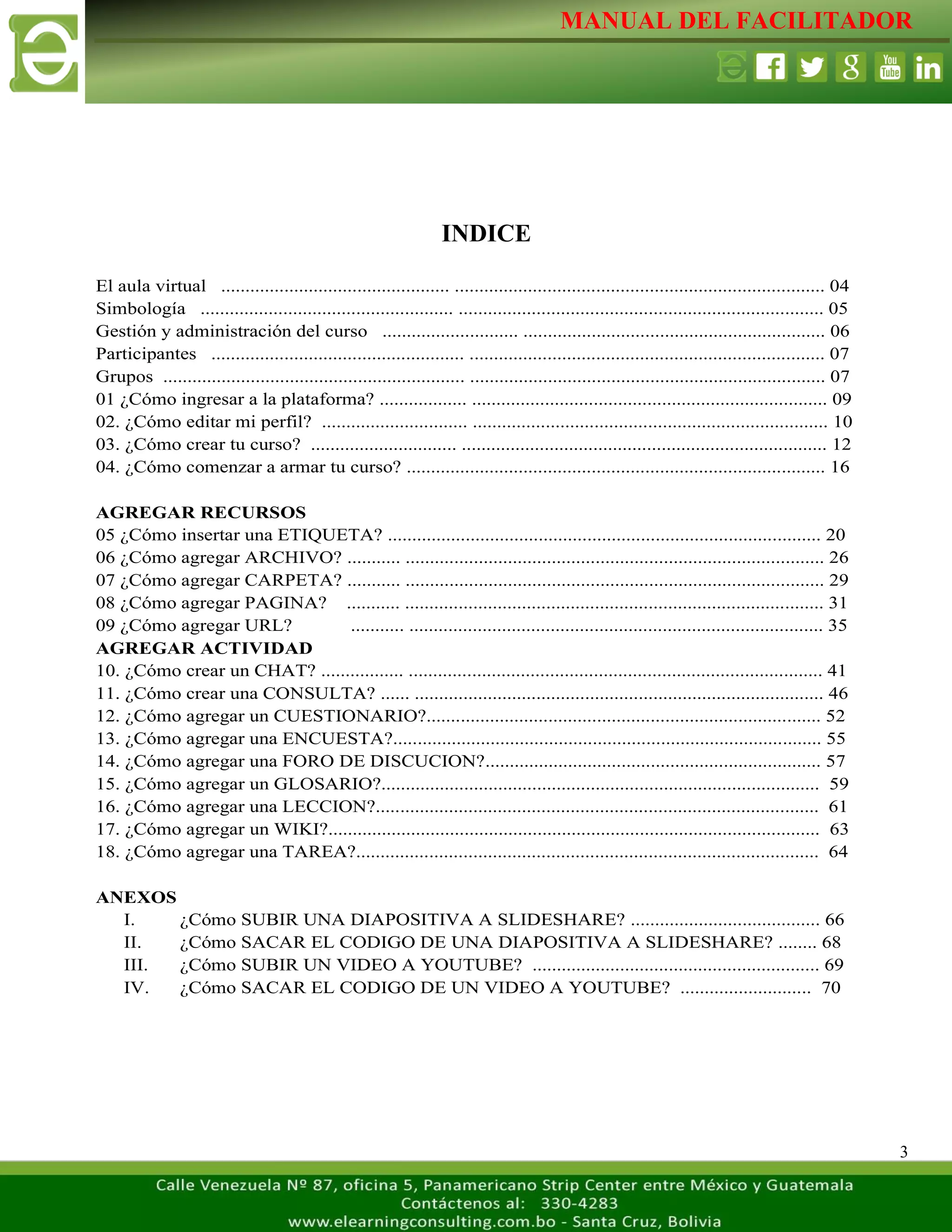 MANUAL DEL FACILITADOR
3
INDICE
El aula virtual ............................................... ............................................................................ 04
Simbología .................................................... ........................................................................... 05
Gestión y administración del curso ............................ .............................................................. 06
Participantes .................................................... ......................................................................... 07
Grupos .............................................................. ......................................................................... 07
01 ¿Cómo ingresar a la plataforma? .................. ......................................................................... 09
02. ¿Cómo editar mi perfil? .............................. ......................................................................... 10
03. ¿Cómo crear tu curso? .............................. ........................................................................... 12
04. ¿Cómo comenzar a armar tu curso? ...................................................................................... 16
AGREGAR RECURSOS
05 ¿Cómo insertar una ETIQUETA? ......................................................................................... 20
06 ¿Cómo agregar ARCHIVO? ........... ...................................................................................... 26
07 ¿Cómo agregar CARPETA? ........... ...................................................................................... 29
08 ¿Cómo agregar PAGINA? ........... ...................................................................................... 31
09 ¿Cómo agregar URL? ........... ..................................................................................... 35
AGREGAR ACTIVIDAD
10. ¿Cómo crear un CHAT? ................. ..................................................................................... 41
11. ¿Cómo crear una CONSULTA? ...... .................................................................................... 46
12. ¿Cómo agregar un CUESTIONARIO?................................................................................. 52
13. ¿Cómo agregar una ENCUESTA?........................................................................................ 55
14. ¿Cómo agregar una FORO DE DISCUCION?..................................................................... 57
15. ¿Cómo agregar un GLOSARIO?.......................................................................................... 59
16. ¿Cómo agregar una LECCION?........................................................................................... 61
17. ¿Cómo agregar un WIKI?..................................................................................................... 63
18. ¿Cómo agregar una TAREA?............................................................................................... 64
ANEXOS
I. ¿Cómo SUBIR UNA DIAPOSITIVA A SLIDESHARE? ....................................... 66
II. ¿Cómo SACAR EL CODIGO DE UNA DIAPOSITIVA A SLIDESHARE? ........ 68
III. ¿Cómo SUBIR UN VIDEO A YOUTUBE? ........................................................... 69
IV. ¿Cómo SACAR EL CODIGO DE UN VIDEO A YOUTUBE? ........................... 70
 