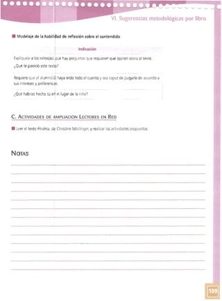 VI. Sugerencias metodológicas por líbro
• Modelaje de la habilitfad de reflexión sobre el contendido
I
Indicación
1__ - __ _
Explíquele a los niños(as) pue hay preguntas que requieren que opinen sobre el texto, 

(Qué te pareció este texto")

_ l__ __ __
Requiere que el alumno(~) haya leído todo el cuento y sea capaz de juzgarlo de acuerdo a
sus intereses y preferencils,
¿Qué habrías hecho tú e el lugar de la niña?
C. ACTIVIDADES DE AMPLIACiÓN LECTORES EN RED
• Leer el texto Piruleta, de Christine Nóstlinger, y realizar las actividadespropuestas,
N OTAS
 