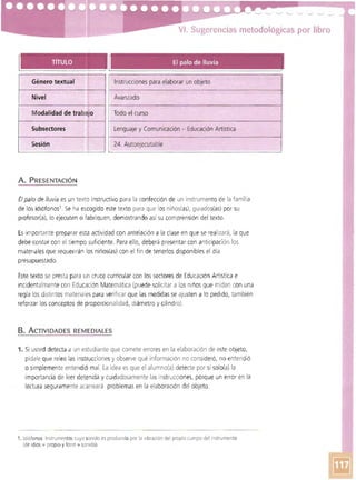 VI. Sugerencias metodológicas por libro
TíTULO El palo de lluvia
Educación Artística
A . PRESENTACiÓN
El palo de lluvia es un texto instructivo para la confección de un instrumento de la familia
de los idlófonos1. Se ha escogido este texto para que los niños(as), guiados(as) por su
profesor(a), lo ejecuten o fabriquen, demostrando así su comprensión del texto.
Es importante preparar esta actividad con antelación a la clase en que se realizará, la que
debe contar con el tiempo suficiente. Para ello, deberá presentar con anticipación los
materiales que requerirán los niños(as) con el fin de tenerlos disponibles el día
presupuestado.
Este texto se presta para un cruce curricular con los sectores de EducaCIón Artística e
Incidentalmente con Educación Matemática (puede solicitar a los niños Que midan con una
regla los distintos materiaies para verificar que las medidas se ajusten a lo pedido, también
reforzar los conceptos de proporcionalidad, diámetro y cilindro).
B. ACTIVIDADES REMEDIALES
1. Si usted detecta a un estudiante que comete erroresen la elaboración de este objeto,
pídale que relea las instrucciones yobserve qué información no consideró, no entendió
Género textual
Nivel
Modalidad de
Subsectores
Sesión
~ Instrucciones para elaborar un objeto
Avanzado
Todo el curso
Lenguaje y Comunicación -
24. AutoejeCL.¡table
o simplemente entendi6 mal. La idea es que el alumno(a) detecte por si solo(a) la
importancia de leer detenida ycuidadosamente las instrUCCIones, porque un error en la
lectura seguramente acarreará problemas en la elaboración del objeto.
1. Idiófonos Instrumentoscuyo sonido es prodUCido por la vibración del propio (Jerpa del i.1strumento
(de ¡dios =propio y fono ~ sonido).
 