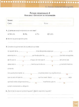 FICHAS REMEDIAlES I 

HABILIDAD: OBTENCiÓN DE INFORMACiÓN 

NOMBRE:
CURSO: FECHA
-----_ ...... ... ... _ ..... ­
1. ¿Cuántos personaJe9 encontramos en este texto)
a. Solo uno. b. Dos. c. Tres. d. Cuatro.
2. Nombra los personajes del cuento.
----_.. _ ---~._._..._----­
3. Completa el siguiente texto de acuerdo a lo que leíste:
Un aguador de la .___..,. _...___...._..._. '._._ tenía dosgrandesvasijas que..__________ .. .__ en 105
1 2
extremos de un ___ ..__....___......._.__. . que llevaba sobre 105._ _ . ____..___. Una tenía variasgrietas
3 4
por las que se ...._...__ ._ ........ _ el agua. de modo que al....._ . ..._.-:::--___ del camino solo 

5 6
conservaba la ......... __......0._ .. _.. . _ _ . mientras que la otra era._._.___._.. __...._ . ._._ y mantenía intacto su
7 8
contenido.
Esto sucedía diariamente. La ... ___ ......_._..____ sin grietasestaba muy orgullosa de sus. _...o, ••
9 10
pues se sabía útil para 105._.. .._.. ___.........___ . que fue creada. Pero la ......".._._____......__ ...... vasija 

11 12
agrietada estaba avergonzada de su __o imperfección y de no ...
13 14
cumplir correctamente su obligación.
4. ¿Qué le dijo la vasija con grietas al aguador) ¿Qué le respondió el aguador?
 