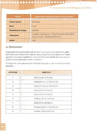 VI. Sugerencias metodológicas por libro 

Género textual
Nivel
Subsectores
Informativo
Inicial
Individual
Lenguaje y Comunicación - Comprensión del Medio Natural,
Social y Cultural - Educación Matemática
Sesión Libre
A. PRESENTACiÓN
¿Sabes quién construyó el primer avión de motor? está tomado de la Enciclopedia ¿Sabes
Ouién'? de Editorial Océano, Por medio del texto yfotografías informa sobre losprincipales
acontecimientosque se slIcedieron en la vida de los hermanos Wright para lograr construir
el primer biplano propulsado a motor de la historia.
En el siguiente cuadro detallamos las habilidades trabajadasen cada una de las actividades
propuestas.
ACTIVIDAD I L-I----'-L1--=--_ ___-=---__H_A_BI_Ll_D_A_D___ _ _ ___ -'
2 

3 

4 

5 

6
7
8
9
Obtención de información,
Elaboración de una interpretación,
Elaboración de una interpretación,
Obtención de información,
Obtención de información.
Reflexión sobre el contenido.
Obtención de información.
Elaboración de una interpretación,
Reflexión sobre el contenido,
 