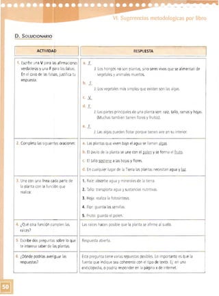 VI. Sugerencias metodológicas por libro
D. SOLUCIONARlO
~______ACT_IV_IDAp __~!~1__________________ES_P ESTA ____ ______ _~____ R_ _U__ _ __ ____ __~
1. Escribe una V para las afirmaciones
verdaderas y una Fpara lasfalsas.
En el caso de lasfalsas, justifica tu
respuesta.
b. ...l
J: Los hongos no son plantas, sino seresvivos que se al imentan de
vegetales y animales muertos.
J: Losvegetales mássimples que existen son las algas.
e JI.....
J: Las partes principales de una planta son: raíz. tallo, ramasy hOJas.
(Muchas también tienen floresy frutos).
J: Las algas pueden flotar porque tienen aire en su interior.
2. Completa las siguientes oraciones: a. Las plantasque viven bajo el agua se llaman algas.
b. El óvulo de la planta se une con el polen y se forma el fruto.
c. El tallo sostiene a las hojas yflores.
d. En cualquier lugar de la Tierra las plantas necesitan agua y luz.
3. Une con una línea cada parte de
la planta con la función que
realiza:
1. Raíz: absorbe agua y minerales de la tierra.
2. Tallo: transporta agua y sustancias nutritivas.
3. Hoja: realiza la fotosínteSIS.
4. Flor: guarda las semillas.
5. Fruto: guarda el polen.
4. ¿Qué otra función cumplen las
raíces?
Las raíces hacen posible que la planta se afirme al suelo.
5. Escribe dos preguntas sobre lo que
te interesa saber de las plantas.
Respuesta abierta.
6. ¿Dónde podrías averiguar las
respuestas"/
I
i
Esta pregunta tiene varias repuestas posibles. Lo importante es que la
fuente que indique sea coherente con el tipo de texto. Ej: en una
enciclopedia, °podría responder en la página x de internet.
 