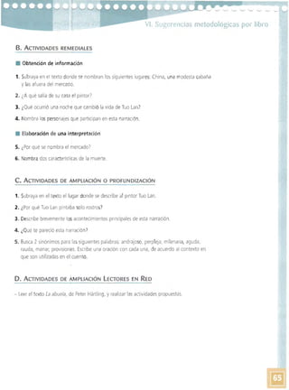 VI. Sugerencias metodológicas por libro
B. ACTIVIDADES REMEDIALES
• 	 Obtención de información
1. 	Subraya en el texto donde se nombran los siguientes lugares: China, una modesta cabaña
y las afuera del mercado,
2. 	¿A qué salía de su casa el pintor?
3. ¿Qué ocurrió una noche que cambió la vida de Tuo Lan?
4. Nombra los personajes ~ue participan en esta narración,
• 	 Elaboración de una interpretación
5. 	¿Por qué se nombra el mercado?
6. 	Nombra dos características de la muerte.
C. ACTIVIDADES DE AMPLIACiÓN O PROFUNDIZACiÓN
1. 	Subraya en el texto el lugar donde se describe al pintor Tuo Lan.
2. ¿Por qué Tuo Lan pintaba solo rostros'
3. Describe brevemente los acontecimientos pnncipales de esta narración.
4. 	¿Qué te pareció esta narración")
5. 	Busca 2 sinónimos para lassigUientes palabras: andrajoso, perpleja, milenaria, aguda,
rauda, manar, provisiones. Escribe una oración con cada una, de acuerdo al contexto en
que son utilizadas en el.cuento.
D. ACTIVIDADES DE AMPLIACiÓN LECTORES EN RED
-	 Leer el texto La abuela, de Peter Hartling, y realizar las actividades propuestas,
 