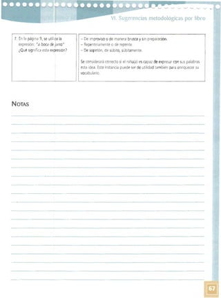 VI. Sugerencías metodológicas por libro 

7. En la página 9, se utíli~a la
expresión: "a boca de jarro"
¿Qué significa esta expresión?
- De improviso o de manera brusca y sin preparación.
- Repentinamente o de repente.
- De sopetón, de súbito, súbitamente.
Se considerará correcto si el niño(a) es capaz de expresar con sus palabras
esta idea. Esta instancia puede ser de utilidad también para enriquecer su
vocabulario.
NOTAS 

 