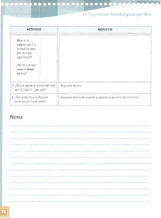 VI. Sugerencias metodológicas por libro 

~________I _ __~ ~__________________RESPUESTA ________________ACT_VID_A_~~__ l i ________ ~
I
Mira: si tú 

tuvieras que ir a 

la estación para 

salir de viaje, 

¿qué harías? 

¡Por fm! ¿Y qué 

decía el letrero 

del bus' 

7. ¿Qué te parece la actitud del niño 

con el Viajero? ¿por qué' 

I 8. ¿Recuerdas alguna situación
I parecida que hayasvivido?
~------------~ ~----------------------------~
NOTAS
Respuesta abierta.
1 Respuesta abierta de acuerdo a experiencia personal del alumno(a).
I
----------~ ------------------------------------------ -----------
 