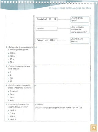 c.
a. 144 Kcal
(72 Kcal = Energía aportada por 1 porción; 72 Kcal x 2= 144 Kcal).
I
VI. Sugerencias metodológicas por libro
¿Cuánta energía1
I Energía (kcal) 36 72
I aporta?J
I
I¿Qué cantidad de I
l[ 1 porción
nutrientes me
aporta cada porción?
I
¿Cuánto es unaII Porción: 1 vaso 200 mi
! porción?
,
2. ¿Qué cantidad de proteínas aporta d.
el alimento por cada porCión?
a. 200 mi
b. 165 mi
c. 3,5 g
d. 7,0 9 
3. ¿Cuántas porciones por envase b. I
Itrae el producto! I
I
a. 1
b. 5
c. 200
d. 36
. 4. ¿Qué información no es posible

i
conocer o no contiene el alimento'
a. Grasa total.
b. Calcio.
c. Hierro.
d. Sodio.
iI
5. ¿Cuánta energía aportan dos
porciones de este alimento?
a. 144 Kcal
b. 72 Kcal
c. 36 Kcal
d. 100 Kcal
 