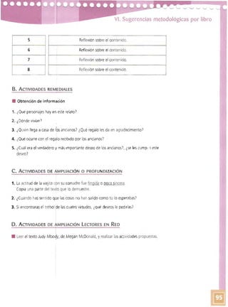 VI. Sugerencias metodológicas por libro
5
6
7
8
Reflexión sobre el contenido.
Reflexión sobre el contenido.
Reflexión sobre el contenido.
Reflexión sobre el contenido.
B. ACTIVIDADES REMt:DIALES!
• 	 Obtención de información
1. ¿Qué personajes hay en este relato'
2. ¿Dónde vivían'
3. 	¿Quién llega a casa de 16s ancianos? ¿Qué regalo les da en agradecimiento'
4. 	¿Qué ocurre con el regalo recibido por los ancianos)
5. 	¿Cuál era el verdadero y más Importante deseo de los ancianos?, ¿se les cump::) este
deseo?
C. ACTIVIDADES DE AMPLIACiÓN O PROFU NDIZACiÓN
1. La actitud de la viejita con su comadre fue fingida o ROCO sincera.
Copia una parte del texto que lo demuestre.
2. ¿Cuándo hassentido Ql:Je lascosas no han salido como tú lo esperabasl
3. 	Si encontraras el trébol de lascuatro virtudes, ¿qué deseos le pedirías?
D. A CTIVIDADES DE +MPLlACIÓN LECTORES EN RED
I
• 	 Leer el texto ludy Moo~y, de Megan McDonald, yrealizar las actividades propuestas.
 