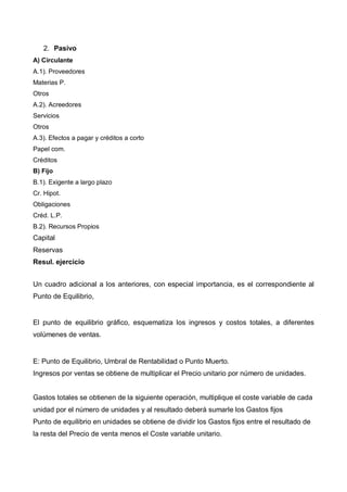2. Pasivo
A) Circulante
A.1). Proveedores
Materias P.
Otros
A.2). Acreedores
Servicios
Otros
A.3). Efectos a pagar y créditos a corto
Papel com.
Créditos
B) Fijo
B.1). Exigente a largo plazo
Cr. Hipot.
Obligaciones
Créd. L.P.
B.2). Recursos Propios
Capital
Reservas
Resul. ejercicio


Un cuadro adicional a los anteriores, con especial importancia, es el correspondiente al
Punto de Equilibrio,


El punto de equilibrio gráfico, esquematiza los ingresos y costos totales, a diferentes
volúmenes de ventas.


E: Punto de Equilibrio, Umbral de Rentabilidad o Punto Muerto.
Ingresos por ventas se obtiene de multiplicar el Precio unitario por número de unidades.


Gastos totales se obtienen de la siguiente operación, multiplique el coste variable de cada
unidad por el número de unidades y al resultado deberá sumarle los Gastos fijos
Punto de equilibrio en unidades se obtiene de dividir los Gastos fijos entre el resultado de
la resta del Precio de venta menos el Coste variable unitario.
 