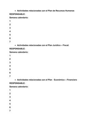 • Actividades relacionadas con el Plan de Recursos Humanos
RESPONSABLE:
Semana calendario:
1
2
3
4
5
6
7
     • Actividades relacionadas con el Plan Jurídico – Fiscal:
RESPONSABLE:
Semana calendario:
1
2
3
4
5
6
7
     • Actividades relacionadas con el Plan Económico – Financiero
RESPONSABLE:
Semana calendario:
1
2
3
4
5
6
7
 
