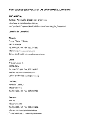 INSTITUCIONES QUE OPERAN EN LAS COMUNIDADES AUTÓNOMAS


ANDALUCIA
Junta de Andalucía. Creación de empresas
http://www.andaluciajunta.es/aj-cat-
html?p=/Perfil/Empresa/&s=/Perfil/Empresa/Creacion_De_Empresas/

Cámaras de Comercio:


Almería
Conde Ofalia, 22 Entlo
04001 Almería
Tel. 950.234.433. Fax. 950.234.850
Internet: http://www.camaralmeria.com/
Correo electrónico: informatica@camaralmeria.com


Cádiz
Antonio López, 4.
11004 Cádiz
Tel. 956.010.000. Fax. 956.250.710
Internet: http://www.cscamaras.es/cadiz
Correo electrónico: sgcadiz@camaras.org


Córdoba
Pérez de Castro, 1
14003 Córdoba
Tel. 957.296.199. Fax. 957.202.106


Granada
Paz, 18
18002 Granada
Tel. 958.536.152. Fax. 958.536.292
Internet: http://www.camerdata.es/granada
Correo electrónico: ccigranada@camerdata.es
 