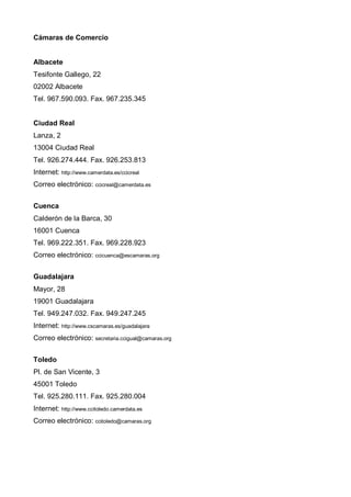 Cámaras de Comercio


Albacete
Tesifonte Gallego, 22
02002 Albacete
Tel. 967.590.093. Fax. 967.235.345


Ciudad Real
Lanza, 2
13004 Ciudad Real
Tel. 926.274.444. Fax. 926.253.813
Internet: http://www.camerdata.es/ccicreal
Correo electrónico: ccicreal@camerdata.es


Cuenca
Calderón de la Barca, 30
16001 Cuenca
Tel. 969.222.351. Fax. 969.228.923
Correo electrónico: ccicuenca@escamaras.org


Guadalajara
Mayor, 28
19001 Guadalajara
Tel. 949.247.032. Fax. 949.247.245
Internet: http://www.cscamaras.es/guadalajara
Correo electrónico: secretaria.ccigual@camaras.org


Toledo
Pl. de San Vicente, 3
45001 Toledo
Tel. 925.280.111. Fax. 925.280.004
Internet: http://www.ccitoledo.camerdata.es
Correo electrónico: ccitoledo@camaras.org
 