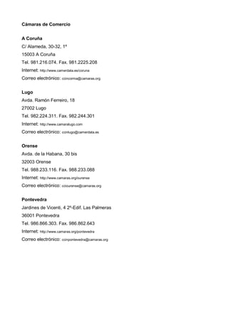 Cámaras de Comercio


A Coruña
C/ Alameda, 30-32, 1º
15003 A Coruña
Tel. 981.216.074. Fax. 981.2225.208
Internet: http://www.camerdata.es/coruna
Correo electrónico: ccincorma@camaras.org


Lugo
Avda. Ramón Ferreiro, 18
27002 Lugo
Tel. 982.224.311. Fax. 982.244.301
Internet: http://www.camaralugo.com
Correo electrónico: ccinlugo@camerdata.es


Orense
Avda. de la Habana, 30 bis
32003 Orense
Tel. 988.233.116. Fax. 988.233.088
Internet: http://www.camaras.org/ourense
Correo electrónico: cciourense@camaras.org


Pontevedra
Jardines de Vicenti, 4 2º-Edif. Las Palmeras
36001 Pontevedra
Tel. 986.866.303. Fax. 986.862.643
Internet: http://www.camaras.org/pontevedra
Correo electrónico: ccinpontevedra@camaras.org
 
