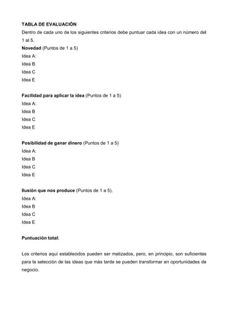 TABLA DE EVALUACIÓN
Dentro de cada uno de los siguientes criterios debe puntuar cada idea con un número del
1 al 5.
Novedad (Puntos de 1 a 5)
Idea A:
Idea B
Idea C
Idea E


Facilidad para aplicar la idea (Puntos de 1 a 5)
Idea A:
Idea B
Idea C
Idea E


Posibilidad de ganar dinero (Puntos de 1 a 5)
Idea A:
Idea B
Idea C
Idea E


Ilusión que nos produce (Puntos de 1 a 5).
Idea A:
Idea B
Idea C
Idea E


Puntuación total:


Los criterios aquí establecidos pueden ser matizados, pero, en principio, son suficientes
para la selección de las ideas que más tarde se pueden transformar en oportunidades de
negocio.
 