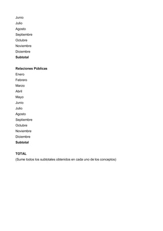 Junio
Julio
Agosto
Septiembre
Octubre
Noviembre
Diciembre
Subtotal


Relaciones Públicas
Enero
Febrero
Marzo
Abril
Mayo
Junio
Julio
Agosto
Septiembre
Octubre
Noviembre
Diciembre
Subtotal


TOTAL
(Sume todos los subtotales obtenidos en cada uno de los conceptos)
 