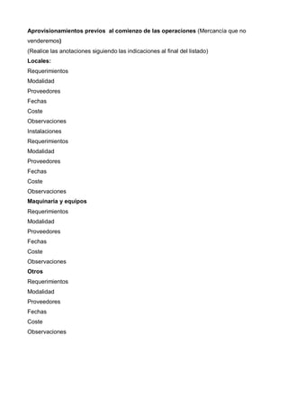 Aprovisionamientos previos al comienzo de las operaciones (Mercancía que no
venderemos)
(Realice las anotaciones siguiendo las indicaciones al final del listado)
Locales:
Requerimientos
Modalidad
Proveedores
Fechas
Coste
Observaciones
Instalaciones
Requerimientos
Modalidad
Proveedores
Fechas
Coste
Observaciones
Maquinaria y equipos
Requerimientos
Modalidad
Proveedores
Fechas
Coste
Observaciones
Otros
Requerimientos
Modalidad
Proveedores
Fechas
Coste
Observaciones
 