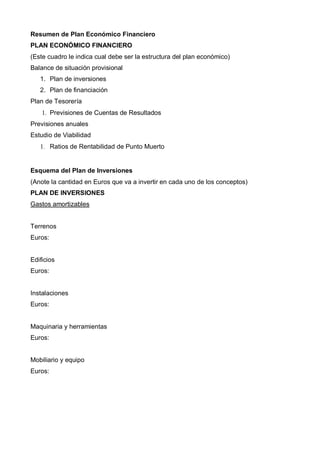 Resumen de Plan Económico Financiero
PLAN ECONÓMICO FINANCIERO
(Este cuadro le indica cual debe ser la estructura del plan económico)
Balance de situación provisional
   1. Plan de inversiones
   2. Plan de financiación
Plan de Tesorería
    1. Previsiones de Cuentas de Resultados
Previsiones anuales
Estudio de Viabilidad
   1. Ratios de Rentabilidad de Punto Muerto


Esquema del Plan de Inversiones
(Anote la cantidad en Euros que va a invertir en cada uno de los conceptos)
PLAN DE INVERSIONES
Gastos amortizables


Terrenos
Euros:


Edificios
Euros:


Instalaciones
Euros:


Maquinaria y herramientas
Euros:


Mobiliario y equipo
Euros:
 