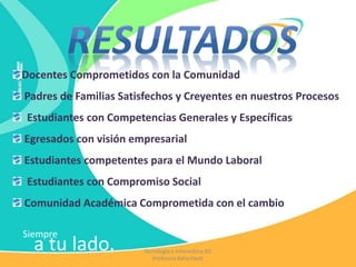 Siempre
a tu lado.
Docentes Comprometidos con la Comunidad
Padres de Familias Satisfechos y Creyentes en nuestros Procesos
Estudiantes con Competencias Generales y Específicas
Egresados con visión empresarial
Estudiantes competentes para el Mundo Laboral
Estudiantes con Compromiso Social
Comunidad Académica Comprometida con el cambio
Tecnología e Informática IEC
Profesora Katia Pautt
 
