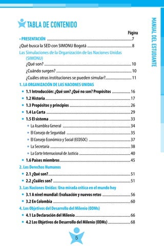 MANUALDELESTUDIANTE
5
• PRESENTACIÓN ........................................................................................7
¿Qué busca la SED con SIMONU Bogotá ..............................................8
Las Simulaciones de la Organización de las Naciones Unidas
(SIMONU)
¿Qué son? ..........................................................................................10
	 ¿Cuándo surgen? ..............................................................................10
	 ¿Cuáles otras instituciones se pueden simular?...........................11
1. LA ORGANIZACIÓN DE LAS NACIONES UNIDAS
	 1.1 Introducción: ¿Qué son? ¿Qué no son? Propósitos ....................16
	 1.2 Historia.........................................................................................17
	 1.3 Propósitos y principios................................................................26
	 1.4 La Carta ........................................................................................29
	 1.5 El sistema.....................................................................................33
	   La Asamblea General .......................................................................34
	   El Consejo de Seguridad ...................................................................35
	   El Consejo Económico y Social (ECOSOC) ............................................37
	   La Secretaría ....................................................................................38
	   La Corte Internacional de Justicia......................................................40
	 1.6 Países miembros..........................................................................45
2. Los Derechos Humanos
	 2.1 ¿Qué son?......................................................................................51
	 2.2 ¿Cuáles son?.................................................................................51
3. Las Naciones Unidas: Una mirada crítica en el mundo hoy
	 3.1 A nivel mundial: Evaluación y nuevos retos ..............................56
	 3.2 En Colombia .................................................................................60
4. Los Objetivos del Desarrollo del Milenio (ODMs)
	 4.1 La Declaración del Milenio..........................................................66
	 4.2 Los Objetivos de Desarrollo del Milenio (ODMs)........................68
Página
TABLA DE CONTENIDO
 