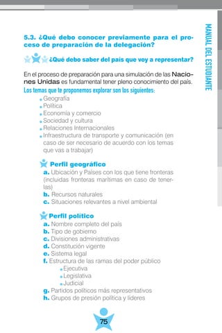 MANUALDELESTUDIANTE
75
5.3. ¿Qué debo conocer previamente para el pro-
ceso de preparación de la delegación?
	 ¿Qué debo saber del país que voy a representar?
En el proceso de preparación para una simulación de las Nacio-
nes Unidas es fundamental tener pleno conocimiento del país.
Los temas que te proponemos explorar son los siguientes:
	
	
	    Perfil geográfico
	
	 Perfil político
Geografía
Política
Economía y comercio
Sociedad y cultura
Relaciones Internacionales
Infraestructura de transporte y comunicación (en
caso de ser necesario de acuerdo con los temas
que vas a trabajar)
a. Ubicación y Países con los que tiene fronteras
(incluidas fronteras marítimas en caso de tener-
las)
b. Recursos naturales
c. Situaciones relevantes a nivel ambiental
a. Nombre completo del país
b. Tipo de gobierno
c. Divisiones administrativas
d. Constitución vigente
e. Sistema legal
f. Estructura de las ramas del poder público
	Ejecutiva
	Legislativa
	Judicial
g. Partidos políticos más representativos
h. Grupos de presión política y líderes
 