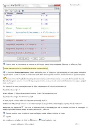 Ministerio de Educación, Cultura y Deporte INTEF 9
Manual GeoGebra Formación en Red
Podemos elegir las columnas que se muestran en el Protocolo usando la lista desplegable Columnas, en la Barra de Estilo.
Incluye una columna con los iconos las herramientas correspondientes
En la columna Punto de Interrupción pueden definirse los pasos de construcción que se mostrarán en cada avance, permitiendo
agrupar objetos. Cuando se recorre tal construcción con la Barra de Navegación, se exhiben simultáneamente los grupos de objetos.
Gracias al comando PasoDeConstrucción podemos mostrar temporalmente pasos de la construcción. Con su ayuda, al usar la
Barra de Navegación podemos ir mostrando algunos procedimientos particulares de la construcción, hasta determinado paso, y a partir
de él ocultarlos.
Por ejemplo, si en como propiedad avanzada del punto A establecemos su condición de visibilidad en:
PasoDeConstrucción[] < 15
a partir del paso 15 el punto A permanecerá invisible. O bien, si la establecemos como:
PasoDeConstrucción[] > PasoDeConstrucción[B]
el punto A no se mostrará hasta que no se haya construido el punto B.
En Módulo 4 Apartado 3 -El tesoro- se muestra un ejemplo de uso y se detalla el proceso para asignar puntos de interrupción.
Mediante la lista desplegable Opciones, en la Barra de Estilo, podemos elegir que solo se muestren los Puntos de Interrupción. En
este botón también podemos elegir si se muestra el Protocolo a color o no.
También podemos hacer clic derecho sobre una fila para mostrar el Menú contextual de Objeto.
Exportar.
Los otros botones de la Barra de Estilo son Imprime y Ayuda Rápida (en línea).
 