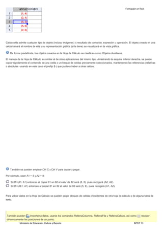 Ministerio de Educación, Cultura y Deporte INTEF 13
Manual GeoGebra Formación en Red
Cada celda admite cualquier tipo de objeto (incluso imágenes) o resultado de comando, expresión u operación. El objeto creado en una
celda tomará el nombre de ella y su representación gráfica (si la tiene) se visualizará en la vista gráfica.
De forma predefinida, los objetos creados en la Hoja de Cálculo se clasifican como Objetos Auxiliares.
El manejo de la Hoja de Cálculo es similar al de otras aplicaciones del mismo tipo. Arrastrando la esquina inferior derecha, se puede
copiar rápidamente el contenido de una celda o un bloque de celdas previamente seleccionados, manteniendo las referencias (relativas
o absolutas -usando en este caso el prefijo $-) que pudiera haber a otras celdas.
También se pueden emplear Ctrl C y Ctrl V para copiar y pegar.
Por ejemplo, sean A1 = 5 y A2 = 8:
Si 81=(A1, A1) entonces al copiar 81 en 82 el valor de 82 será (8, 8), pues recogerá (A2, A2).
Si 81=(A$1, A1) entonces al copiar 81 en 82 el valor de 82 será (5, 8), pues recogerá (A1, A2).
Para volcar datos en la Hoja de Cálculo se pueden pegar bloques de celdas procedentes de otra hoja de cálculo o de alguna tabla de
texto.
También pueden importarse datos, usarse los comandos RellenaColumna, RellenaFila y RellenaCeldas, así como recoger
dinámicamente las posiciones de un punto.
 