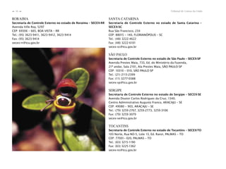 Tribunal de Contas da União56
n
n
RORAIMA
Secretaria de Controle Externo no estado de Roraima – SECEX-RR
Avenida Ville Roy, 5297
CEP: 69306 – 665, BOA VISTA – RR
Tel.: (95) 3623-9411, 3623-9412, 3623-9414
Fax: (95) 3623-9414
secex-rr@tcu.gov.br
SANTA CATARINA
Secretaria de Controle Externo no estado de Santa Catarina –
SECEX-SC
Rua São Francisco, 234
CEP: 88015 – 140, FLORIANÓPOLIS – SC
Tel.: (48) 3222-4622
Fax: (48) 3222-6101
secex-sc@tcu.gov.br
SÃO PAULO
Secretaria de Controle Externo no estado de São Paulo – SECEX-SP
Avenida Prestes Maia, 733, Ed. do Ministério da Fazenda,
21º andar, Sala 2101, Ala Prestes Maia, SÃO PAULO-SP
CEP: 10310 – 010, SÃO PAULO-SP
Tel.: (21) 2113-2399
Fax: (11) 3277-0388
secex-sp@tcu.gov.br
SERGIPE
Secretaria de Controle Externo no estado de Sergipe – SECEX-SE
Avenida Doutor Carlos Rodrigues da Cruz, 1340,
Centro Administrativo Augusto Franco, ARACAJU – SE
CEP: 49080 – 903, ARACAJU – SE
Tel.: (79) 3259-2767, 3259-2773, 3259-3106
Fax: (79) 3259-3079
secex-se@tcu.gov.br
TOCANTINS
Secretaria de Controle Externo no estado de Tocantins – SECEX-TO
103 Norte, Rua NO-5, Lote 13, Ed. Ranzi, PALMAS – TO
CEP: 77001– 020, PALMAS – TO
Tel.: (63) 3215-1190
Fax: (63) 3225-1362
secex-to@tcu.gov.br
 