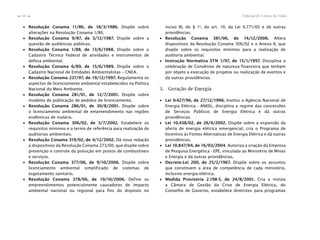 Tribunal de Contas da União64
n
n
∙ Resolução Conama 11/86, de 18/3/1986. Dispõe sobre
alterações na Resolução Conama 1/86.
∙ Resolução Conama 9/87, de 3/12/1987. Dispõe sobre a
questão de audiências públicas.
∙ Resolução Conama 1/88, de 13/6/1988. Dispõe sobre o
Cadastro Técnico Federal de atividades e instrumentos de
defesa ambiental.
∙ Resolução Conama 6/89, de 15/6/1989. Dispõe sobre o
Cadastro Nacional de Entidades Ambientalistas – CNEA.
∙ Resolução Conama 237/97, de 19/12/1997. Regulamenta os
aspectos de licenciamento ambiental estabelecidos na Política
Nacional do Meio Ambiente.
∙ Resolução Conama 281/01, de 12/7/2001. Dispõe sobre
modelos de publicação de pedidos de licenciamento.
∙ Resolução Conama 286/01, de 30/8/2001. Dispõe sobre
o licenciamento ambiental de empreendimento nas regiões
endêmicas de malária.
∙ Resolução Conama 306/02, de 5/7/2002. Estabelece os
requisitos mínimos e o termo de referência para realização de
auditorias ambientais.
∙ Resolução Conama 319/02, de 4/12/2002. Dá nova redação
a dispositivos da Resolução Conama 273/00, que dispõe sobre
prevenção e controle da poluição em postos de combustíveis
e serviços.
∙ Resolução Conama 377/06, de 9/10/2006. Dispõe sobre
licenciamento ambiental simplificado de sistemas de
esgotamento sanitário.
∙ Resolução Conama 378/06, de 19/10/2006. Define os
empreendimentos potencialmente causadores de impacto
ambiental nacional ou regional para fins do disposto no
inciso III, do § 1o
, do art. 19, da Lei 4.771/65 e dá outras
providências.
∙ Resolução Conama 381/06, de 14/12/2006. Altera
dispositivos da Resolução Conama 306/02 e o Anexo II, que
dispõe sobre os requisitos mínimos para a realização de
auditoria ambiental.
∙ Instrução Normativa STN 1/97, de 15/1/1997. Disciplina a
celebração de Convênios de natureza financeira que tenham
por objeto a execução de projetos ou realização de eventos e
dá outras providências.
3. Geração de Energia
∙ Lei 9.427/96, de 27/12/1996. Institui a Agência Nacional de
Energia Elétrica - ANEEL, disciplina o regime das concessões
de Serviços Públicos de Energia Elétrica e dá outras
providências.
∙ Lei 10.438/02, de 26/4/2002. Dispõe sobre a expansão da
oferta de energia elétrica emergencial, cria o Programa de
Incentivo às Fontes Alternativas de Energia Elétrica e dá outras
providências.
∙ Lei 10.847/04, de 16/03/2004. Autoriza a criação da Empresa
de Pesquisa Energética - EPE, vinculada ao Ministério de Minas
e Energia e dá outras providências.
∙ Decreto-Lei 200, de 25/2/1967. Dispõe sobre os assuntos
que constituem a área de competência de cada ministério,
inclusive energia elétrica.
∙ Medida Provisória 2.198-5, de 24/8/2001. Cria e instala
a Câmara de Gestão da Crise de Energia Elétrica, do
Conselho de Governo, estabelece diretrizes para programas
 