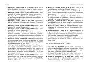 Tribunal de Contas da União78
n
n
∙ Resolução Conama 20/96, de 24/10/1996. Define itens de
ação indesejável, referente a emissão de ruído e poluentes
atmosféricos.
∙ Resolução Conama 226/97, de 20/8/1997. Estabelece limites
máximos de emissão de fuligem de veículos automotores.
∙ Resolução Conama 227/97, de 20/8/1997. Regulamenta
a implantação do Programa de Inspeção e Manutenção de
Veículos em Uso I/M.
∙ Resolução Conama 229/97, de 20/8/1997. Regulamenta o
uso de substâncias controladas que destroem a camada de
ozônio.
∙ Resolução Conama 241/98, de 30/6/1998. Estabelece limites
máximos de emissão de poluentes.
∙ Resolução Conama 242/98, de 30/6/1998. Estabelece limites
máximos de emissão de poluentes.
∙ Resolução Conama 248/99, de 7/1/1999. Determina o manejo
florestal sustentável, licenciamento ambiental, controle e
monitoramento dos empreendimentos de base florestal, na
Mata Atlântica no Sul da Bahia.
∙ Resolução Conama 251/99, de 7/1/1999. Estabelece critérios,
procedimentos e limites máximos de opacidade da emissão
de escapamento para avaliação do estado de manutenção dos
veículos automotores do ciclo diesel.
∙ Resolução Conama 252/99, de 7/1/1999. Estabelece, para
os veículos rodoviários automotores, inclusive veículos
encarroçados, complementados e modificados, nacionais ou
importados, limites máximos de ruído nas proximidades do
escapamento, para fins de inspeção obrigatória e fiscalização
de veículos em uso.
∙ Resolução Conama 256/99, de 30/6/1999. Estabelece regras
e mecanismos para inspeção de veículos quanto às emissões
de poluentes e ruídos, regulamentando o art. 104 do Código
Nacional de Trânsito.
∙ Resolução Conama 267/00, de 14/9/2000. Proibição de
substâncias que destroem a camada de ozônio.
∙ Resolução Conama 272/00, de 14/9/2000. Define
novos limites máximos de emissão de ruídos por veículos
automotores.
∙ Resolução Conama 282/01, de 12/7/2001. Estabelece
os requisitos para os conversores catalíticos destinados a
reposição e dá outras providências.
∙ Resolução Conama 297/02, de 26/2/2002. Estabelece os
limites para emissões de gases poluentes por ciclomotores,
motociclos e veículos similares novos.
∙ Resolução Conama 315/02, de 29/10/2002. Dispõe sobre a
nova etapa do Programa de Controle de Emissões Veiculares
– Proconve.
∙ Resolução Conama 354/04, de 13/12/2004. Dispõe sobre os
requisitos para adoção de sistemas de diagnose de bordo -
OBD nos veículos automotores leves objetivando preservar a
funcionalidade dos sistemas de controle de emissão.
∙ Resolução Conama 382/06, de 26/12/2006. Estabelece os
limites máximos de emissão de poluentes atmosféricos para
fontes fixas.
19. Resíduos Sólidos, Óleos e Graxas
∙ Lei 9.966, de 28/3/2000. Dispõe sobre a prevenção, o
controle e a fiscalização da poluição causada por lançamento
de óleo e outras substâncias nocivas ou perigosas em águas
sob jurisdição nacional e dá outras providências.
∙ Resolução Conama 6/88, de 15/6/1988. Dispõe sobre o
licenciamento de obras de resíduos industriais perigosos.
∙ Resolução Conama 6/91, de 19/9/1991. Dispõe sobre
a incineração de resíduos sólidos provenientes de
estabelecimentos de saúde, portos e aeroportos.
 