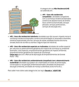 • nR2 - Usos não residenciais toleráveis: atividades que não causam impacto nocivo à 
vizinhança residencial (exemplos: comércio de alimentação ou associado a diversões, 
comércio especializado, oficinas, serviços de saúde, estabelecimentos de ensino 
seriado, locais de reunião ou eventos e alguns tipos de indústria). 
• nR3 - Usos não residenciais especiais ou incômodos: atividades de caráter especial 
por natureza ou potencialmente geradoras de impacto de vizinhança ou ambiental 
(exemplos: usos especiais, empreendimentos geradores de impacto ambiental, 
empreendimentos geradores de impacto de vizinhança). 
Clique aqui para ver o Manual de Aprovação de Empreendimentos de Grande 
Porte - nR3. 
• nR4 - Usos não residenciais ambientalmente compatíveis com o desenvolvimento 
sustentável: atividades que podem ser implantadas em áreas de preservação, 
conservação ou recuperação ambiental (exemplos: atividades de pesquisa e 
educação ambiental, atividades de manejo sustentável, ecoturismo etc.). 
Para saber mais sobre cada categoria de uso veja o Decreto nº 45.817/05. 
19 
A categoria de uso Não Residencial (nR) 
se subdivide em: 
• nR1 - Usos não residenciais 
compatíveis: atividades compatíveis 
com a vizinhança residencial (exemplos: 
comércio de abastecimento de âmbito 
local, comércio diversificado, serviços 
pessoais, serviços profissionais, 
serviços de educação etc.). 
 
