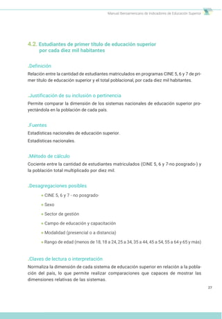 Manual Iberoamericano de Indicadores de Educación Superior
4.2. Estudiantes de primer título de educación superior
por cada diez mil habitantes
.Definición
Relación entre la cantidad de estudiantes matriculados en programas CINE 5, 6 y 7 de pri-
mer título de educación superior y el total poblacional, por cada diez mil habitantes.
.Justificación de su inclusión o pertinencia
Permite comparar la dimensión de los sistemas nacionales de educación superior pro-
yectándola en la población de cada país.
.Fuentes
Estadísticas nacionales de educación superior.
Estadísticas nacionales.
.Método de cálculo
Cociente entre la cantidad de estudiantes matriculados (CINE 5, 6 y 7-no posgrado-) y
la población total multiplicado por diez mil.
.Desagregaciones posibles
CINE 5, 6 y 7 - no posgrado-
Sexo
Sector de gestión
Campo de educación y capacitación
Modalidad (presencial o a distancia)
Rango de edad (menos de 18, 18 a 24, 25 a 34, 35 a 44, 45 a 54, 55 a 64 y 65 y más)
.Claves de lectura o interpretación
Normaliza la dimensión de cada sistema de educación superior en relación a la pobla-
ción del país, lo que permite realizar comparaciones que capaces de mostrar las
dimensiones relativas de las sistemas.
27
 