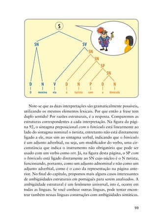 99
	 O	 menino	 viu	 o	 turista	 com	 o	 binóculo
	 D	 N	V	 D	 N	 P	D	 N
	 SN	 SV
			 SN
			 SN
			 SP
			 SN
S
Note-se que as duas interpretações são gramaticalmente possíveis,
utilizando os mesmos elementos lexicais. Por que então a frase tem
duplo sentido? Por razões estruturais, é a resposta. Comparemos as
estruturas correspondentes a cada interpretação. Na figura da pági-
na 92, o sintagma preposicional com o binóculo está linearmente ao
lado do sintagma nominal o turista, entretanto não está diretamente
ligado a ele, mas sim ao sintagma verbal, indicando que o binóculo
é um adjunto adverbial, ou seja, um modificador do verbo, uma cir-
cunstância que indica o instrumento não obrigatório que pode ser
usado com um verbo como ver. Já, na figura desta página, o SP com
o binóculo está ligado diretamente ao SN cujo núcleo é o N turista,
funcionando, portanto, como um adjunto adnominal e não como um
adjunto adverbial, como é o caso da representação na página ante-
rior. No final do capítulo, propomos mais alguns casos interessantes
de ambigüidades estruturais em português para serem analisados. A
ambigüidade estrutural é um fenômeno universal, isto é, ocorre em
todas as línguas. Se você conhece outras línguas, pode tentar encon-
trar também nessas línguas construções com ambigüidades sintáticas.
 