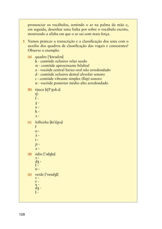 128
pronunciar os vocábulos, sentindo o ar na palma da mão e,
em seguida, desenhar uma linha por sobre o vocábulo escrito,
mostrando a sílaba em que o ar sai com mais força.
5	 Vamos praticar a transcrição e a classificação dos sons com o
auxílio dos quadros de classificação das vogais e consoantes?
Observe o exemplo:
(a)	 quadro [‘ad
	 k - contóide oclusivo velar surdo
	 w - contóide aproximante bilabial
	 a - vocóide central baixo oral não arredondado
	 d - contóide oclusivo dental alveolar sonoro
	  - contóide vibrante simples (flap) sonoro
	 u - vocóide posterior médio-alto arredondado
(b)	 tijuca [tI’uk]
	 t-
	 I -
	  -
	 u -
	 k -
	  -
(c)	 folhinha [fo’i]
	 f
	 o -
	  -
	 i -
	  -
	  -
(d)	 ódio [’dIu]
	  -
	 d -
	 I -
	 u -
(e)	 verde [’vexdI]
	 v -
	 e -
	 x -
	 d -
	 I -
 