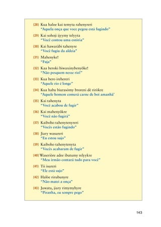 143
(28)	 Kua haloe kai temyta rahenyreri			
	 “Aquela onça que voce pegou está fugindo”
(29)	 Kai sohoji ijyymy telyyta				
	 “Você contou uma estória”
(30)	 Kai hawaràbi tahenyre 				
	 “Você fugiu da aldeia”
(31)	 Mahenyke!					
	 “Fuja”
(32)	 Kaa beroki biwaxinybenyõke!			
	 “Não pesquem nesse rio!”
(33)	 Kua bero irehereri					
	 “Aquele rio é longe”
(34)	 Kua habu biurasòmy broreni dè riròkre	
	 “Aquele homem comerá carne de boi amanhã’
(35)	 Kai tahenyta					
	 “Você acabou de fugir”
(36)	 Kai mahenyõkre					
	 “Você não fugirá”
(37)	 Kaiboho tahenytenyreri				
	 “Vocês estão fugindo”
(38)	 Jiary wasureri					
	 “Eu estou sujo”
(39)	 Kaiboho tahenytenyta				
	 “Vocês acabaram de fugir”
(40) Waseriòre adee ibutumy relyykre			
	 “Meu irmão contará tudo para você”
(41)	 Tii isureri						
	 “Ele está sujo”
(42)	 Halòe rirubunyre
	 “Não matei a onça”
(43)	 Juwata, jiary rimymyhyre			
	 “Piranha, eu sempre pego”
 