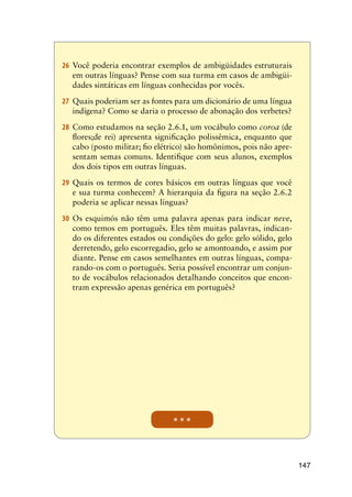147
* * *
26	Você poderia encontrar exemplos de ambigüidades estruturais
em outras línguas? Pense com sua turma em casos de ambigüi-
dades sintáticas em línguas conhecidas por vocês.
27	Quais poderiam ser as fontes para um dicionário de uma língua
indígena? Como se daria o processo de abonação dos verbetes?
28	Como estudamos na seção 2.6.1, um vocábulo como coroa (de
flores;de rei) apresenta significação polissêmica, enquanto que
cabo (posto militar; fio elétrico) são homônimos, pois não apre-
sentam semas comuns. Identifique com seus alunos, exemplos
dos dois tipos em outras línguas.
29	Quais os termos de cores básicos em outras línguas que você
e sua turma conhecem? A hierarquia da figura na seção 2.6.2
poderia se aplicar nessas línguas?
30	Os esquimós não têm uma palavra apenas para indicar neve,
como temos em português. Eles têm muitas palavras, indican-
do os diferentes estados ou condições do gelo: gelo sólido, gelo
derretendo, gelo escorregadio, gelo se amontoando, e assim por
diante. Pense em casos semelhantes em outras línguas, compa-
rando-os com o português. Seria possível encontrar um conjun-
to de vocábulos relacionados detalhando conceitos que encon-
tram expressão apenas genérica em português?
 