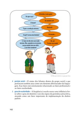 162
O filho por dentro e o pai por fora
4	 posição social – O status dos falantes dentro do grupo social a que
pertencem também atua como um elemento diferenciador da lingua-
gem. Esse fator está estreitamente relacionado ao fator profissional e
ao fator escolaridade.
5	 grau de escolaridade – A freqüência à escola exerce uma influência for-
te sobre o grau de domínio e uso das regras da gramática prescritiva,
atuando como um fator importante de implementação do dialeto
padrão.
 