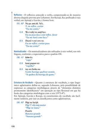 196
Reflexivo – O reflexivo antecede o verbo, comportando-se de maneira
diversa daquela prevista por Lehamnn. Em Karajá, fica prefixado à raiz
verbal; em Apinajé e Gavião, é forma livre.
(17)	 AP	 Na pa ami.ñĩ. ‘ki’c.
	 	 T. eu reflex. cortar
	 	 “Eu me cortei.”
	 GA	 Wa i-tekỳ to amjĩ hyr.
	 	 Eu eu-pass faca com reflex. furar
	 	 “Eu me furei com faca.”
	 KA	 Dearã r-exi-oro-ra.
	 	 Eu eu-reflex.-cortar-pass
	 	 “Eu me cortei”
Nominalizador – Os nominalizadores são sufixados à raiz verbal, nas três
línguas, conforme a expectativa para o padrão OV.
(18)	 AP	 kõm-č
	 	 copo
	 GA	 ĩamj-pupun-xá	
	 	 “espelho”
	 KA	 iny-wè-boho-na
	 	 Gente-barriga-quebrar-nomin.
	 	 “A quebra da barriga da gente.”
Estrutura do Vocábulo – Quanto à estrutura do vocábulo, o tipo lingü-
ístico aglutinativo define-se, segundo Lehmann, pela possibilidade de
expressar as categorias morfológicas através de “elementos distintos
prontamente identificáveis” em oposição ao tipo flexional em que há
fusão das categorias morfologias com a raiz (1973:47).
Em Apinajé, Gavião e Karajá, os constituintes do vocábulo são facil-
mente isoláveis, por isso as classificamos como aglutinativas.
(19)	 AP	 Pẽgi na ku/pĩ.
	 	 Pẽgi T obj.imp.matar
	 	 “Pẽgi (a) mata.”
	 	 Pixô/ti
	 	 Banana-grande
	 	 “banana grande”
 