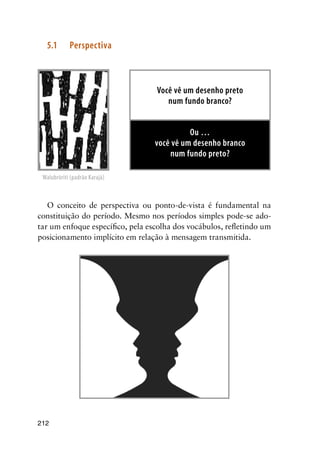 212
5.1	 Perspectiva
O conceito de perspectiva ou ponto-de-vista é fundamental na
constituição do período. Mesmo nos períodos simples pode-se ado-
tar um enfoque específico, pela escolha dos vocábulos, refletindo um
posicionamento implícito em relação à mensagem transmitida.
Walubròriti (padrão Karajá)
Você vê um desenho preto
num fundo branco?
Ou …
você vê um desenho branco
num fundo preto?
 