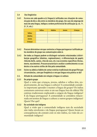 253
3.4		Uso lingüístico
3.4.1	Escreva em cada quadro a(s) língua(s) utilizadas nas situações de comu-
nicação do dia-a-dia entre os membros do grupo. Em caos de emprego de
mais de uma língua, indique a ordem preferencial de utilização (p. ex. 1ª,
2ª, 3ª, etc.)
Velhos Adultos Jovens Crianças
Velhos
Adultos
Jovens
Crianças
3.4.2	 Procure determinar em que contextos a língua portuguesa é utilizada pe-
los membros do grupo nas comunicações entre si.
3.4.3	Em todas as línguas podem-se distinguir variantes relacionadas à distri-
buição geográfica (dialetos, regionalismos), à diferenciação de papéis
(fala do chefe, cantos, ritos de cura, etc.) ou à eventos específicos (festas,
morte, nascimento). Procurecaracterizar e avaliar o conhecimento e o uso
destes e/ou outros estilos de fala pela comunidade.
3.4.4	Existe na aldeia o hábito de contar estórias tradicionais do grupo?Em que
circunstâncias, com que freqüência e em que língua esta prática se dá?
3.5.	 Atitude da comunidade em relação à língua e à cultura
3.5.1	Do próprio grupo
Qual a visão que crianças, jovens, adultos e velhos têm, res-
pectivamente, de sua língua e cultura? A comunidade conside-
ra importante aprender e manter a língua do grupo? Os índios
costumam conversar entre si em sua língua fora da aldeia? Há
estórias tradicionais explicando a origem da língua indígena?
E da língua portuguesa? A comunidade se considera relacio-
nada em termos de língua e cultura a outros grupos indígenas?
Quais? Por quê?
3.5.2	Da sociedade não indígena
Qual a visão que a comunidade indígena tem da sociedade
não índia envolvente e da língua portuguesa? Quais foram as
conseqüências do contato com os não índios, na visão da co-
munidade indígena?
 