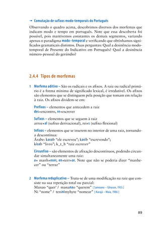 89
’	Comutação de sufixos modo-temporais do Português
Observando o quadro acima, descobrimos diversos dos morfemas que
indicam modo e tempo em português. Note que essa descoberta foi
possível, pois mantivemos constantes os demais segmentos, variando
apenas o paradigma modo–temporal e verificando que obtínhamos signi-
ficados gramaticais distintos. Duas perguntas: Qual a desinência modo-
temporal de Presente do Indicativo em Português? Qual a desinência
número-pessoal do gerúndio?
2.4.4	Tipos de morfemas
1	Morfema aditivo – São os radicais e os afixos. A raiz ou radical primá-
rio é a forma mínima de significado lexical, é irredutível. Os afixos
são elementos que se distinguem pela posição que tomam em relação
à raiz. Os afixos dividem-se em:
	 Prefixos – elementos que antecedem a raiz
des+encontro, re+escrever
	 Sufixos – elementos que se seguem à raiz
arroz+al (sufixo derivacional), rei+s (sufixo flexional)
	 Infixos – elementos que se inserem no interior de uma raiz, tornando-
a descontínua:
Árabe: katab “ele escreveu”; katib “escrevendo”;
kitab “livro”; k_t_b “raiz escrever”
	 Circunfixo – são elementos de afixação descontínuos, podendo circun-
dar simultaneamente uma raiz:
a+ manh+ecer; en+terr+ar. Note que não se poderia dizer “manhe-
cer” ou “terrar”
2	 Morfema reduplicativo – Trata-se de uma modificação na raiz que con-
siste na sua repetição total ou parcial:
Manao “quer’ / mananao “querem” [ Samoano – Gleason, 1955 ]
Ni “nome” / teninimyhyte “nomear” [ Karajá – Maia, 1986 ]
 